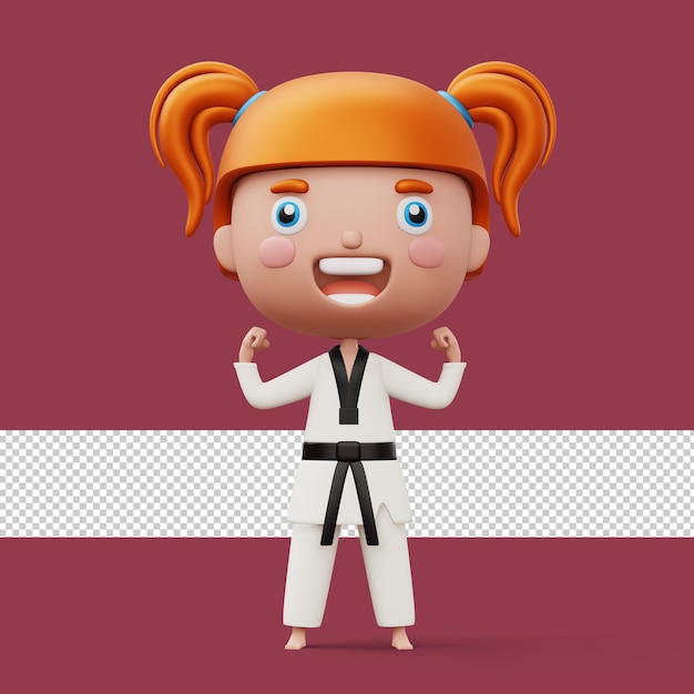 Happy child taekwondo fighter girl wear taekwondo uniform kid character 3d rendering