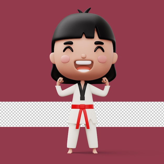 Happy child taekwondo fighter girl wear taekwondo uniform kid character 3d rendering