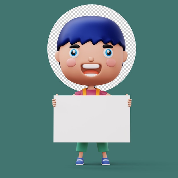 3D レンダリングのカートゥーンキャラクターの可愛い男の子が空白の白板を持ったバッグを持った幸せな子供