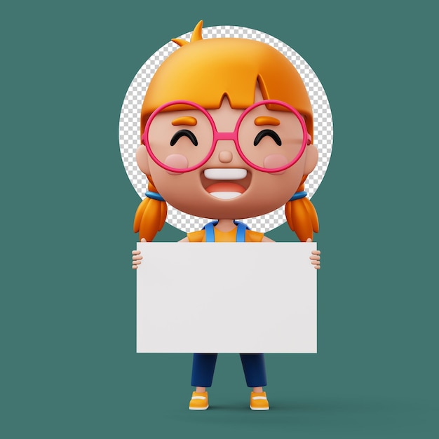 Happy child with bag holding blank whiteboard cute girl cartoon character 3d rendering