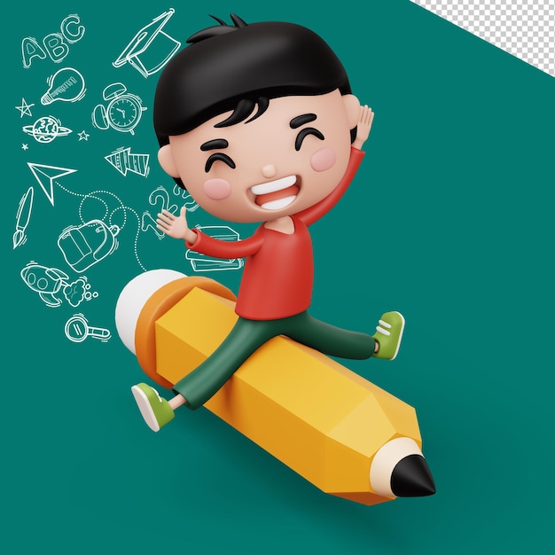 PSD happy child with pancil cute boy cartoon character 3d rendering