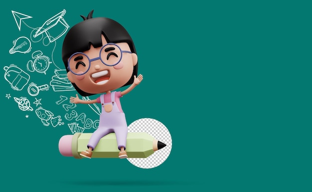 Happy child with pancil cute girl cartoon character 3d rendering