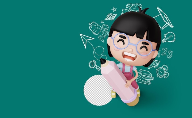 happy child with pancil cute girl cartoon character 3d rendering