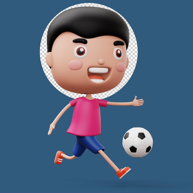 Bambino felice con palla da calcio ragazzo carino personaggio dei cartoni animati rendering 3d