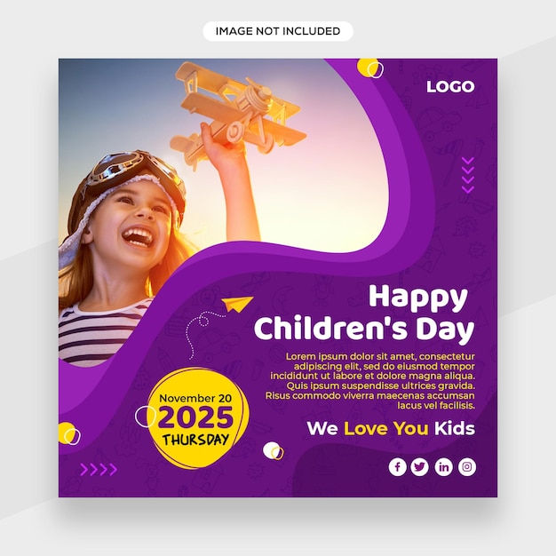 Happy Children day related social media post banner or square flyer template or facebook cover