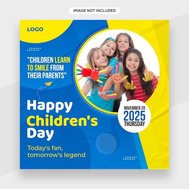 Happy Children day related social media post banner or square flyer template or facebook cover