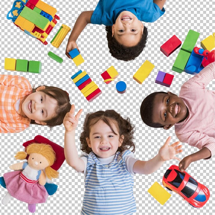 PSD happy children playing toy isolated on transparent background