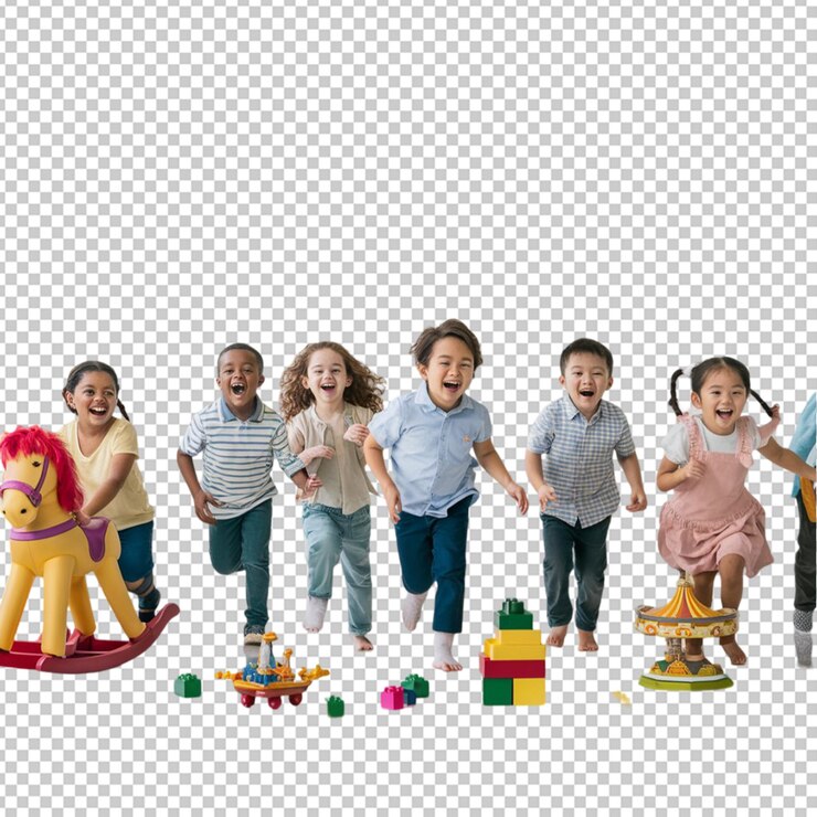 PSD happy children playing toy isolated on transparent background