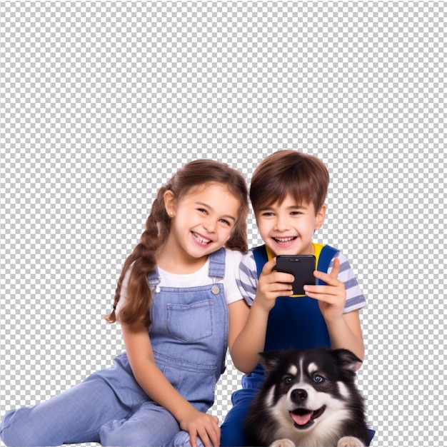 PSD happy children posing on smartphone