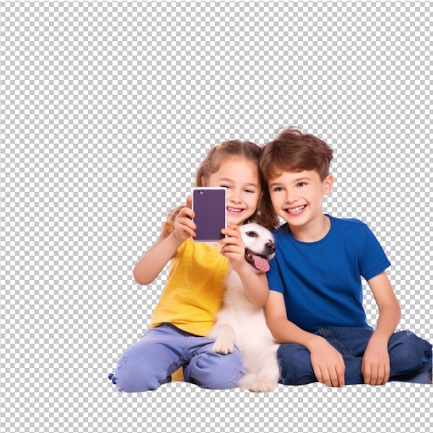 PSD bambini felici che posano sullo smartphone