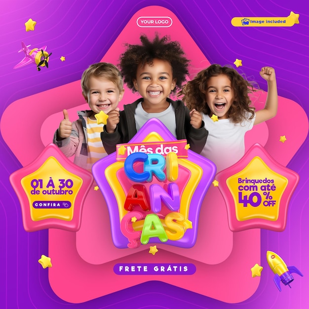 Happy children's day offers social media template in portuguese for marketing campaign