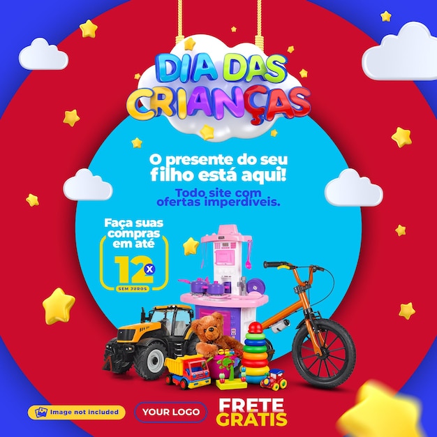 Happy children's day offers social media template in portuguese for marketing campaign