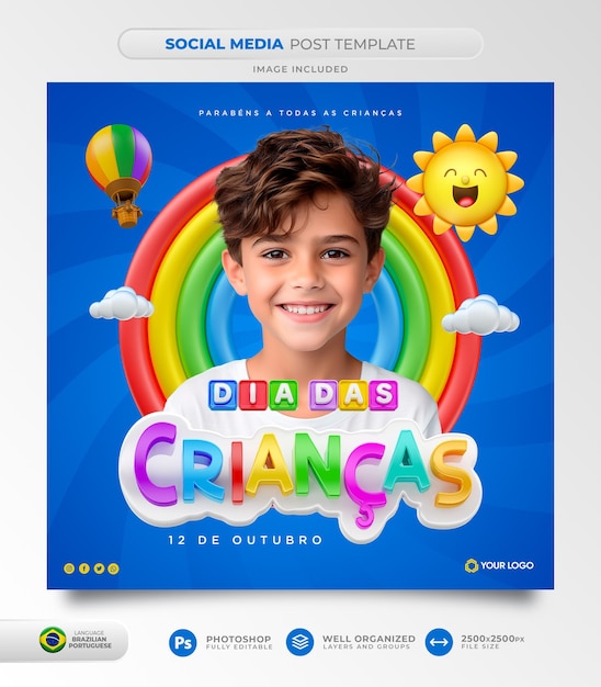 PSD happy children's day post op sociale media in het braziliaans portugees voor marketingcampagne