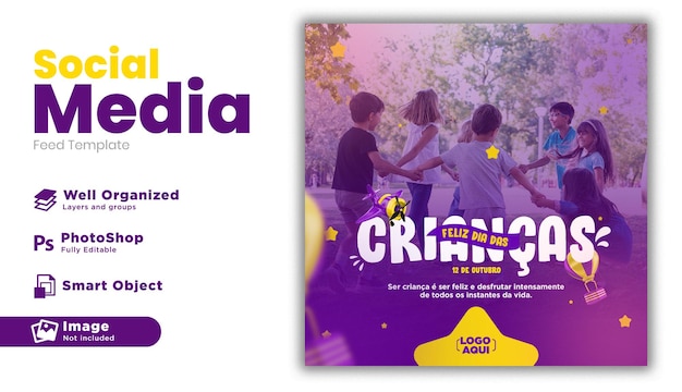 PSD happy children's day post social media for marketing campaign in brazil in portuguese