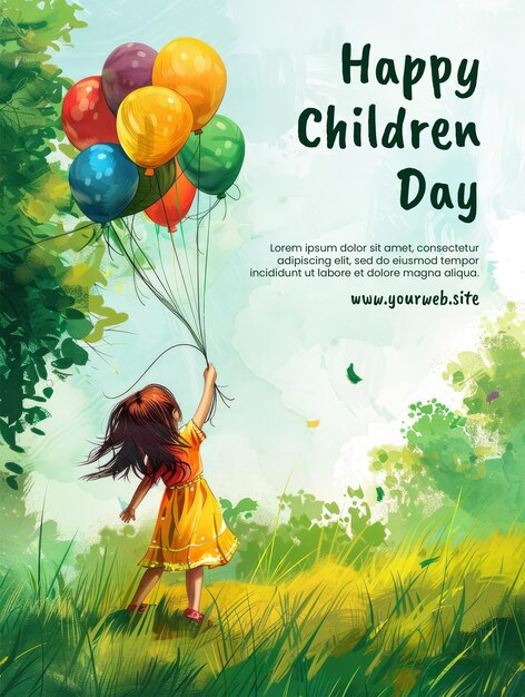 PSD happy childrens day poster template with background illustration of small children playing