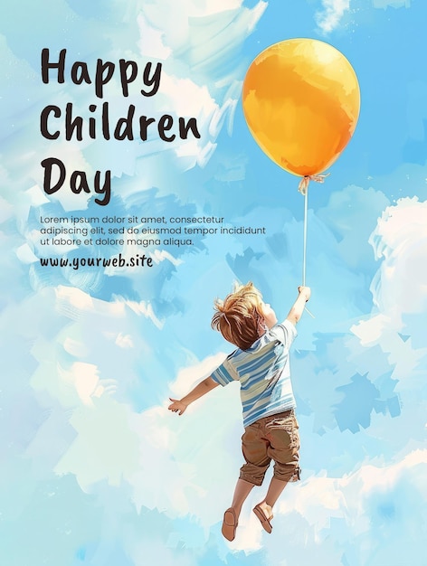 PSD happy childrens day poster template with background illustration of small children playing
