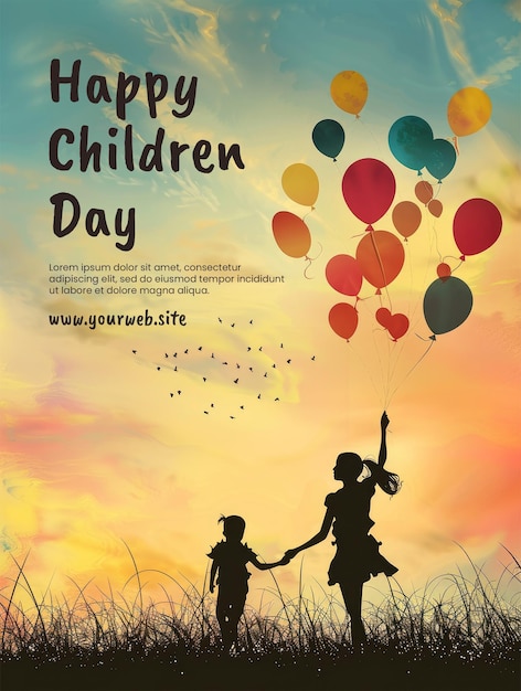 PSD modello di poster per la giornata dei bambini felici con illustrazione di sfondo di bambini piccoli che giocano