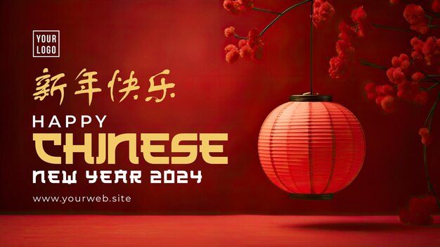 PSD happy chinese new year banner template with on a red background a paper lantern decoration