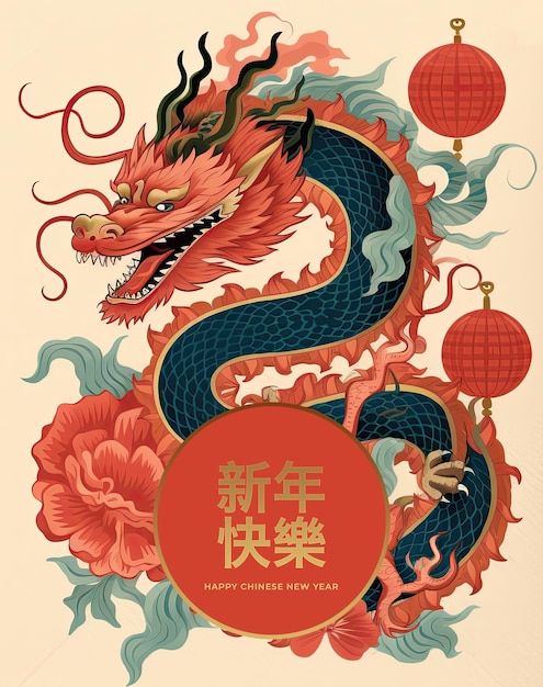 PSD felice anno nuovo cinese poster 2024 anno del drago illustrazione ai generativexa