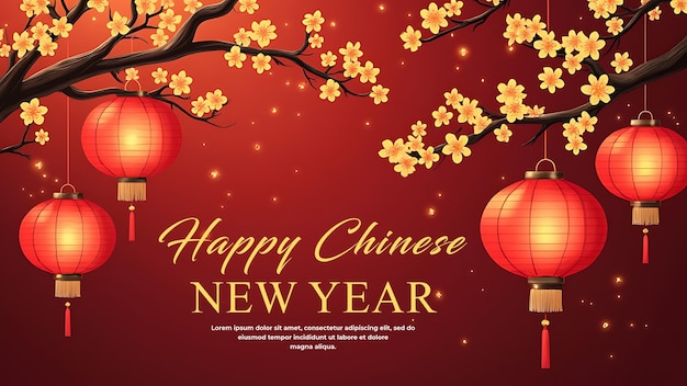 happy chinese new year poster with hanging chinese lantern on dark red background