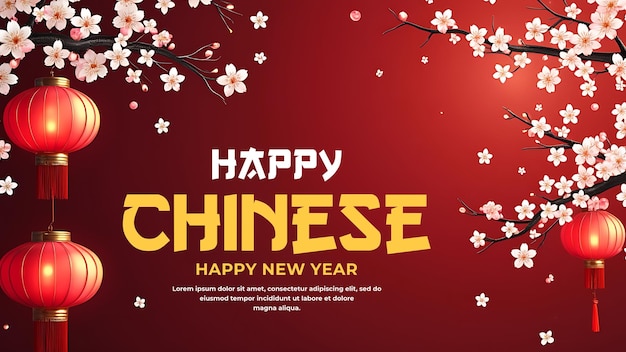 happy chinese new year poster with hanging chinese lantern on dark red background