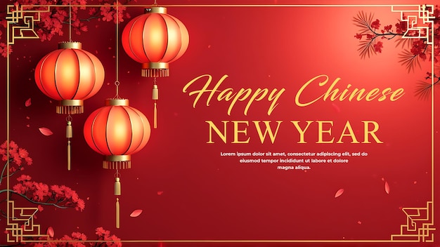 Happy Chinese new year poster with hanging Chinese lantern on dark red background