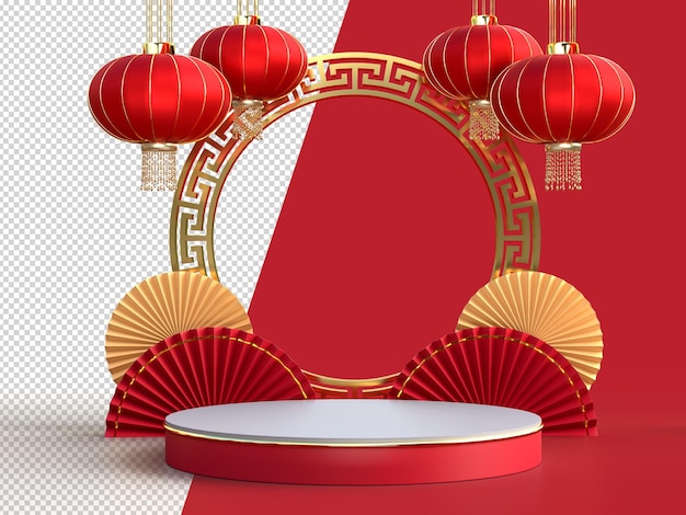 Счастливого китайского нового года. реалистичные элементы дизайна, выставочный подиум, фонари, висящие с китайским декором. восточный азиатский стиль макета дизайна. 3d визуализация