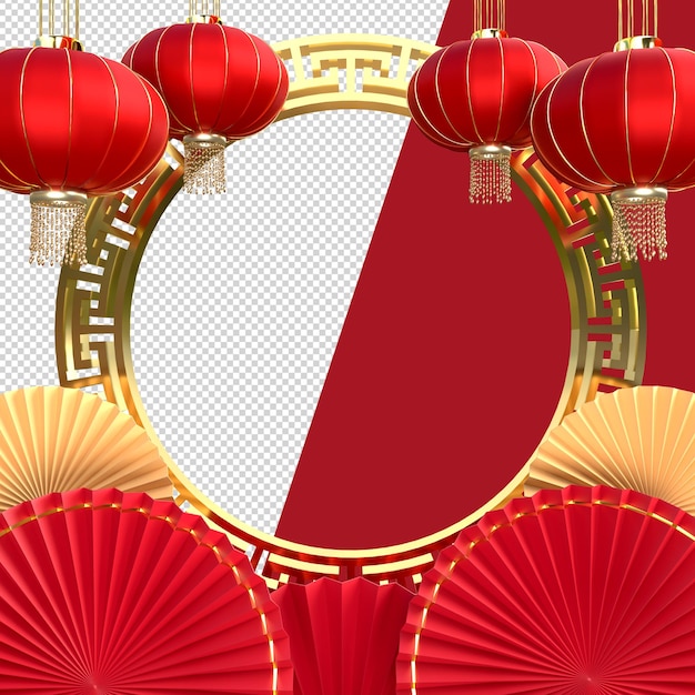 Happy chinese new year. realistic design elements, display podium, paper fan medallion with chinese decoration. oriental asian style mock up designs. 3d rendering