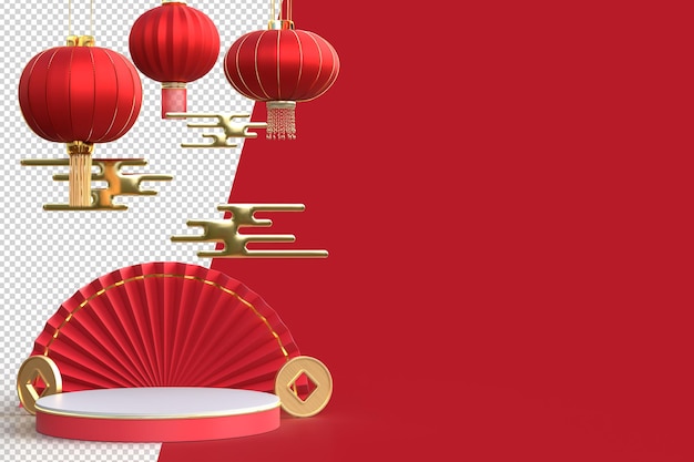 Happy chinese new year. realistic design elements, display podium, paper fan medallion with chinese decoration. oriental asian style mock up designs. 3d rendering