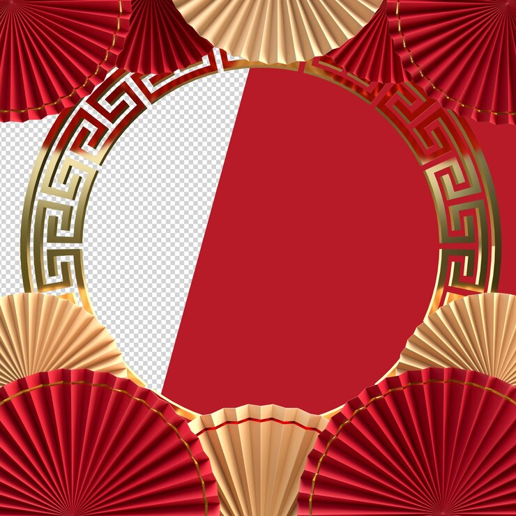 PSD happy chinese new year. realistic design paper fan medallion with chinese decoration. oriental asian style mock up designs. 3d rendering