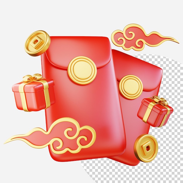 Buon anno cinese ricchezza e prosperità con monete d'oro scatole regalo sacchetto fortunato e nuvola d'oro 3d elementi festival asiatico per banner poster web volantini e brochure rendering 3d