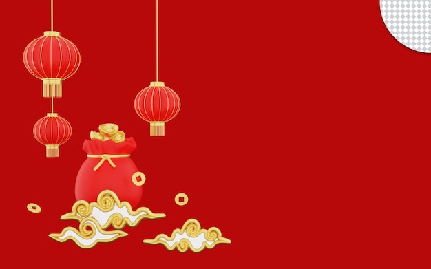 Happy Chinese New Year with lantern and lucky bag 3D rendering