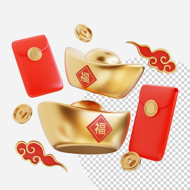 PSD happy chinese new year with wealth and prosperity golden coins lucky bag and gold cloud 3d elements asian festival for banners web poster flyers and brochures greeting cards 3d rendering