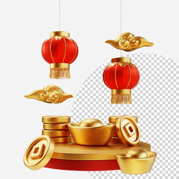 Happy chinese new year with wealth and prosperity golden coins traditional lanterns and gold cloud 3d elements asian festival for banner web poster flyers and brochures 3d rendering