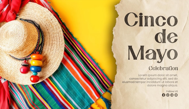 Happy cinco de mayo banner template with mexican blanket stripes or poncho serape and hat