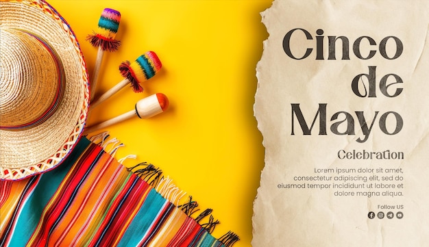 Happy cinco de mayo banner template with mexican blanket stripes or poncho serape and hat