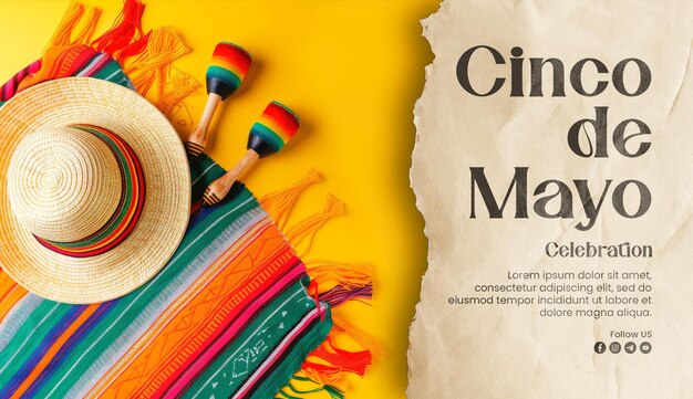 PSD template di banner happy cinco de mayo con strisce di coperte messicane o serape poncho e cappello