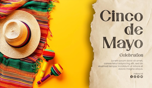 PSD template di banner happy cinco de mayo con strisce di coperte messicane o serape poncho e cappello