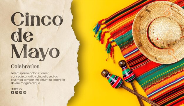 Happy cinco de mayo banner template with mexican blanket stripes or poncho serape and hat