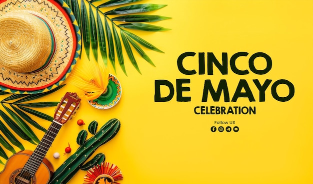 PSD Шаблон баннера happy cinco de mayo с мексиканскими кактусовыми гитарами, шляпой, маракасом, ярко-желтым