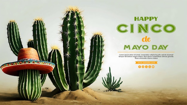 PSD un felice giorno di cinco de mayo con cactus e cappello messicano sullo sfondo