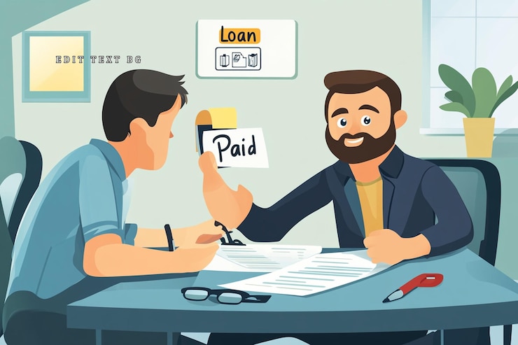 PSD happy client pays off loan to financial advisor at office desk