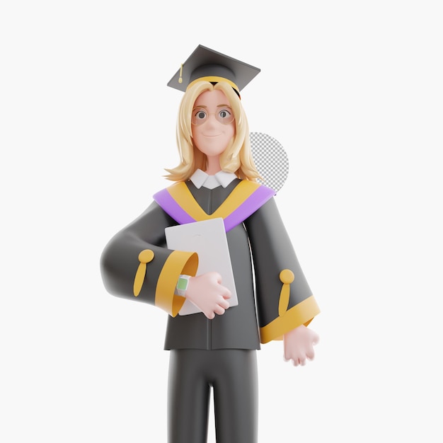 Happy college cartoon or student holding diploma. people get degree certificate 3d illustration