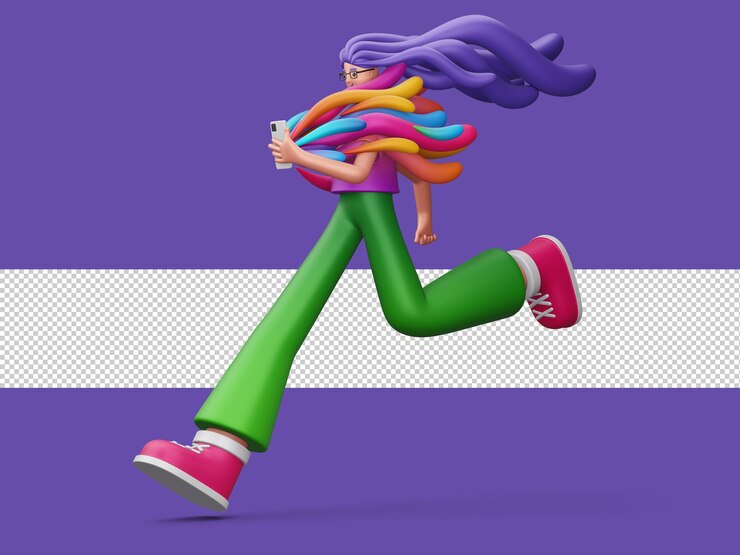 PSD happy colorful person running with mobile phone