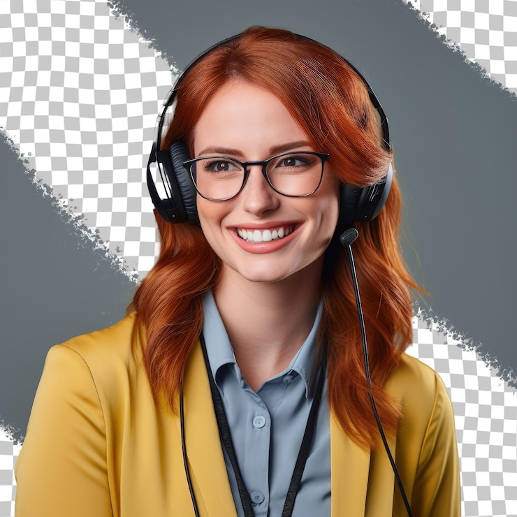PSD happy and cool redhead call center worker overworked but lucky