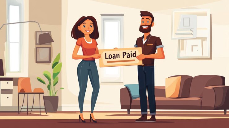 PSD happy couple holding a loan paid sign in their living room