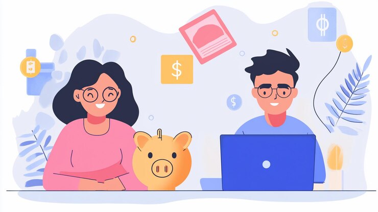 PSD happy couple managing finances piggy bank laptop cryptocurrency