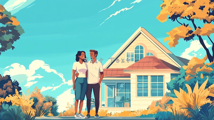 PSD happy couple standing in front of their new home