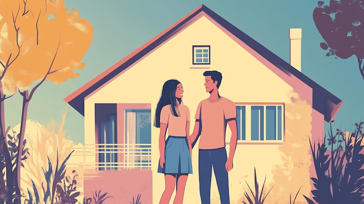 PSD happy couple standing in front of their new house 1