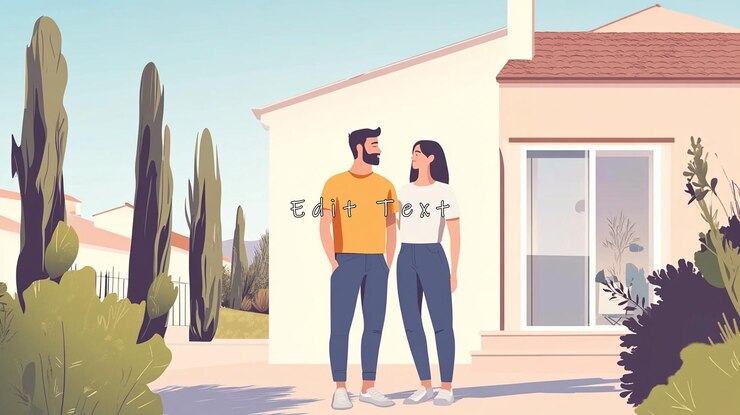 PSD happy couple standing outside their new home 1